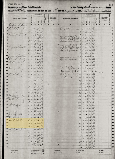 James Anderson Slave Schedule 1860